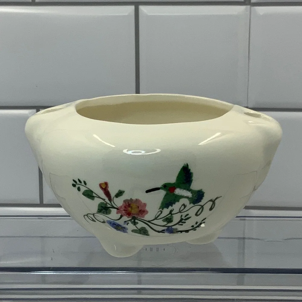 Vintage Hand Painted Hummingbird Floral Ceramic Trinket Jar 4.5in
